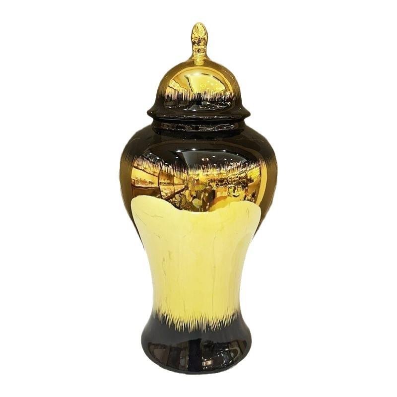 陶瓷轻奢电镀黑金罐欧式花插花瓶工艺品摆件玄关软装装饰储物罐