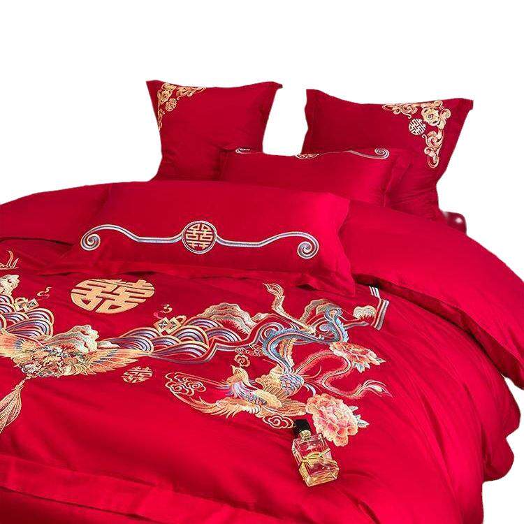高档中式龙凤刺绣结婚四件套大红色床单被套纯棉喜被婚庆床上用品