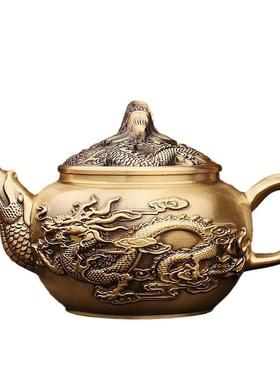 黄铜摆件客厅书房喝茶家居茶桌龙凤呈祥龙头盖龙凤茶壶纯铜工艺品