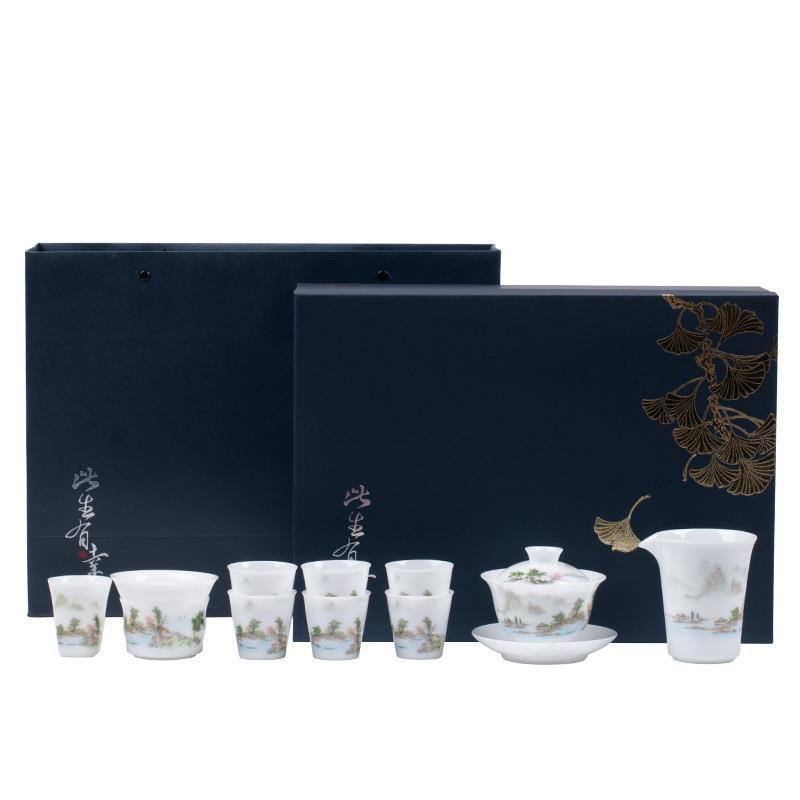冰种玉瓷功夫茶具套装德化白瓷锦绣江山盖碗茶杯轻奢家用整套茶具