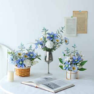 花篮编织藤篮仿真花艺假花花束野餐绢花客厅酒店餐桌装饰摄影道具