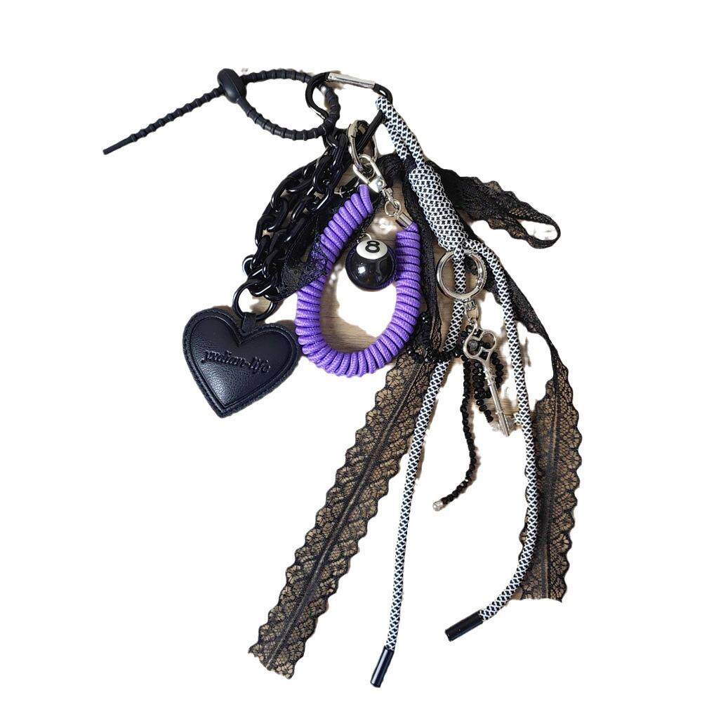 紫色系皮质爱心挂饰台球钥匙扣miu风黑色蕾丝女生包包挂件