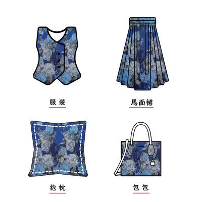 艺术水墨色风蓝底花卉连织旗袍面料复古裙外套提衣花窗帘TT5573-1