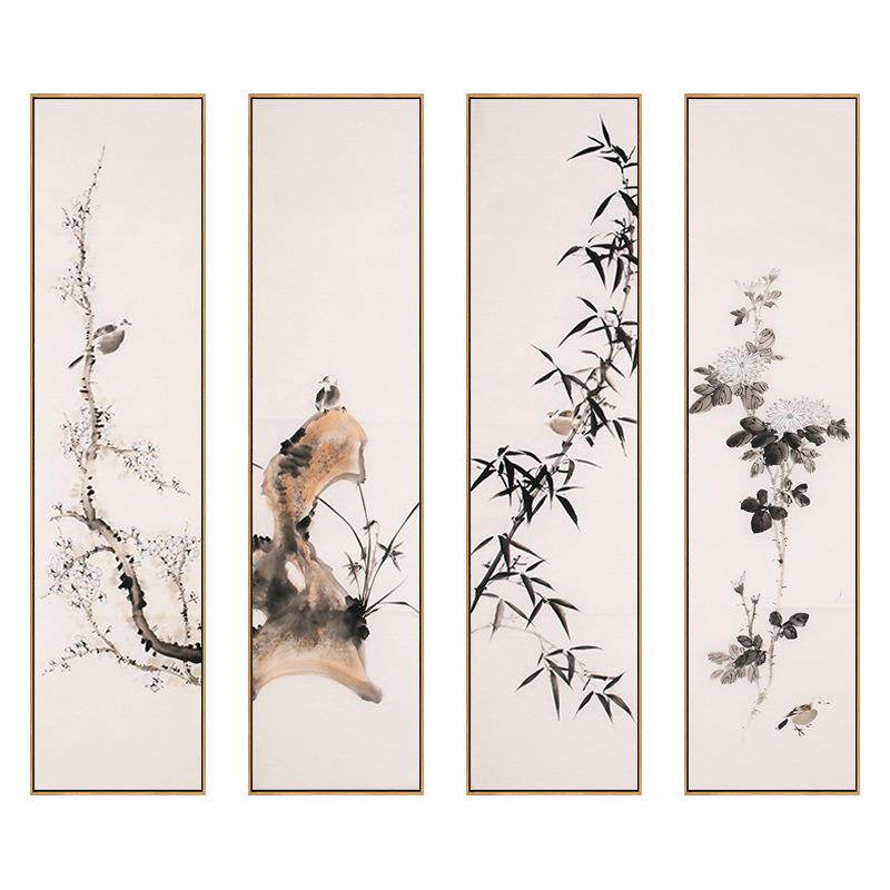 新中式梅原木玻璃装画四联画餐厅QZ202106茶楼办公室书挂画水法墨