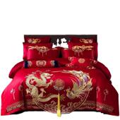 龙凤刺绣婚四件套色H216大红结上用品十件床套全棉被套南通叠石桥