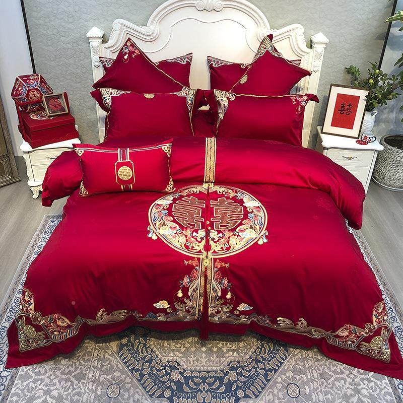 婚庆家新纺嫁全棉刺喜绣贡缎H1108提花四件套结婚床上用品娘妆被,床上用品,婚庆床品套件,淘宝优惠券,粉丝福利购,淘宝优惠卷