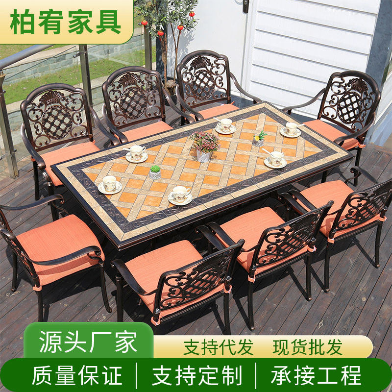 户外庭院金属餐桌花园露天休闲阳台铁艺桌椅仿大理石台铸铝桌椅