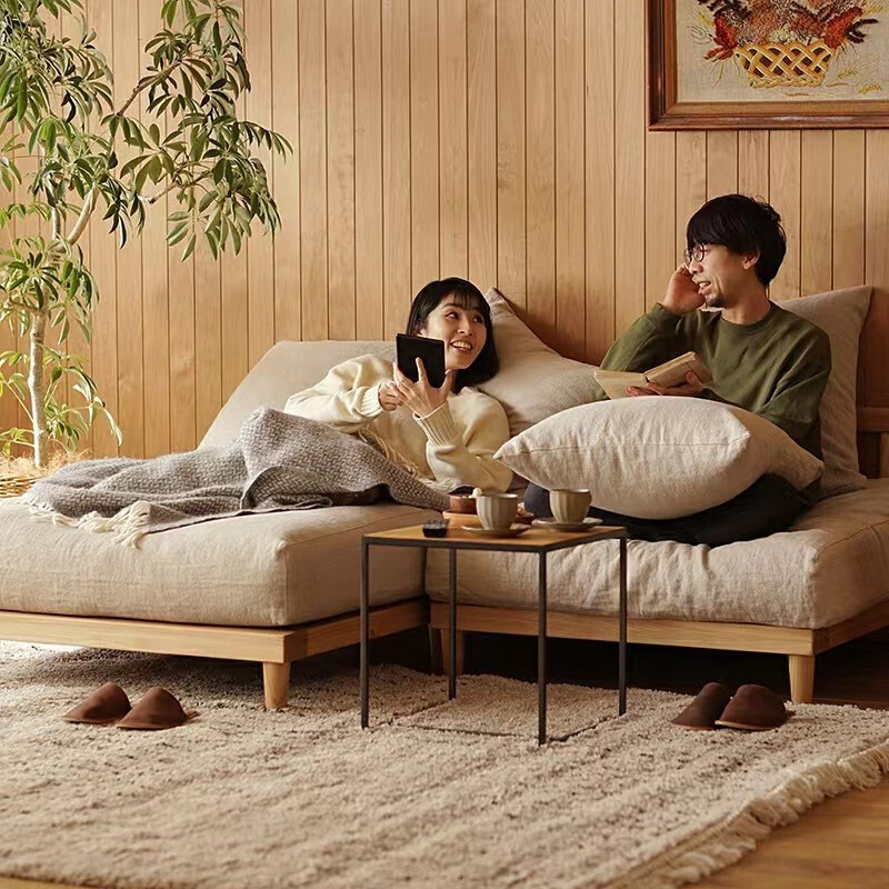 日式宅寂风小户型客厅无扶手沙发组合原木风实木北欧极简布艺沙发