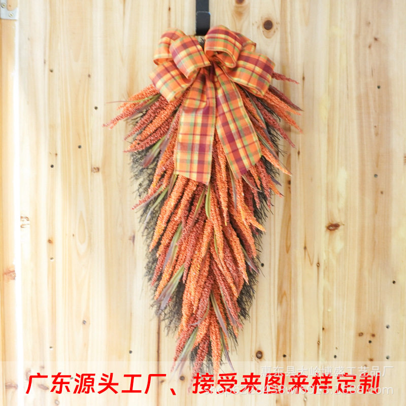 博盛41cm秋季感恩节麦穗格子蝴蝶结秋收吊挂节庆家居装饰橱窗门饰