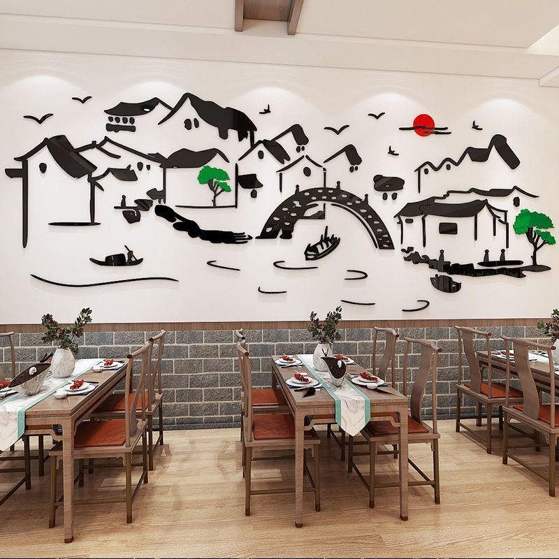 【包邮】饭店江南水乡亚克力墙贴墙上装饰3d立体贴画餐厅包厢背景