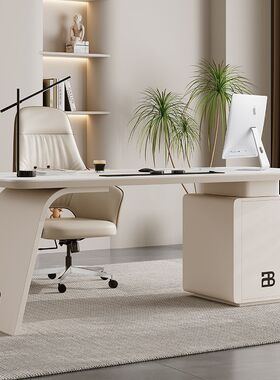 极简岩板奶油白色书桌意式办公室桌家用高端书桌写字台女学生书桌