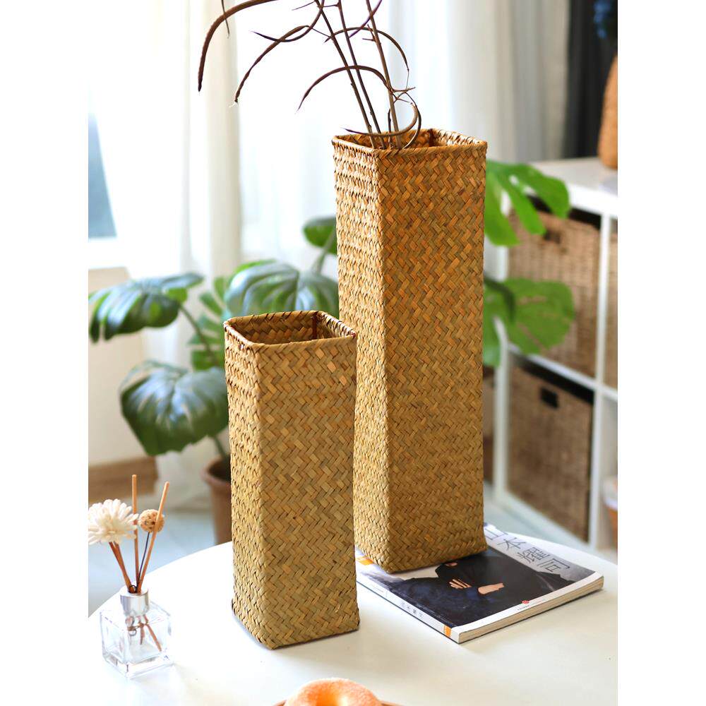 草编花瓶，干花插花筒，装饰芦苇藤花容器，田园式落地式家竹花盆