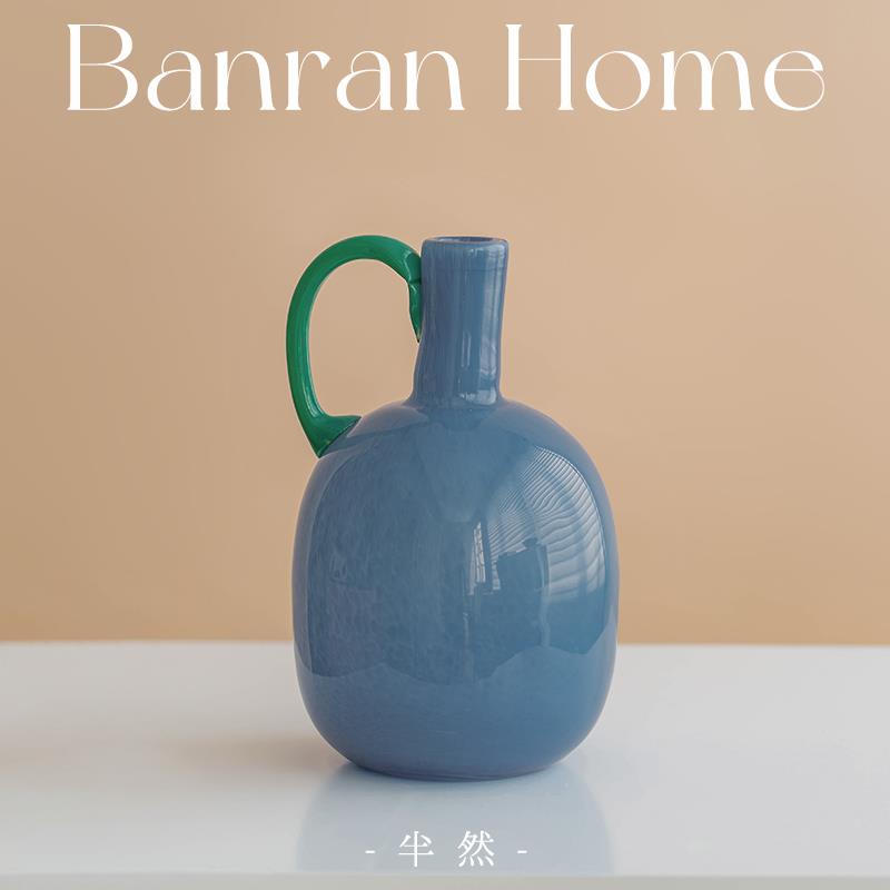 法式玻璃花瓶轻奢高级感餐桌蓝色中古风客厅桌面艺术装饰摆件软装