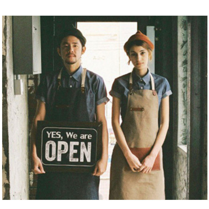 LOGO韩版帆布男女手工围裙美术美容绘画咖啡店牛仔围裙皮革热转印