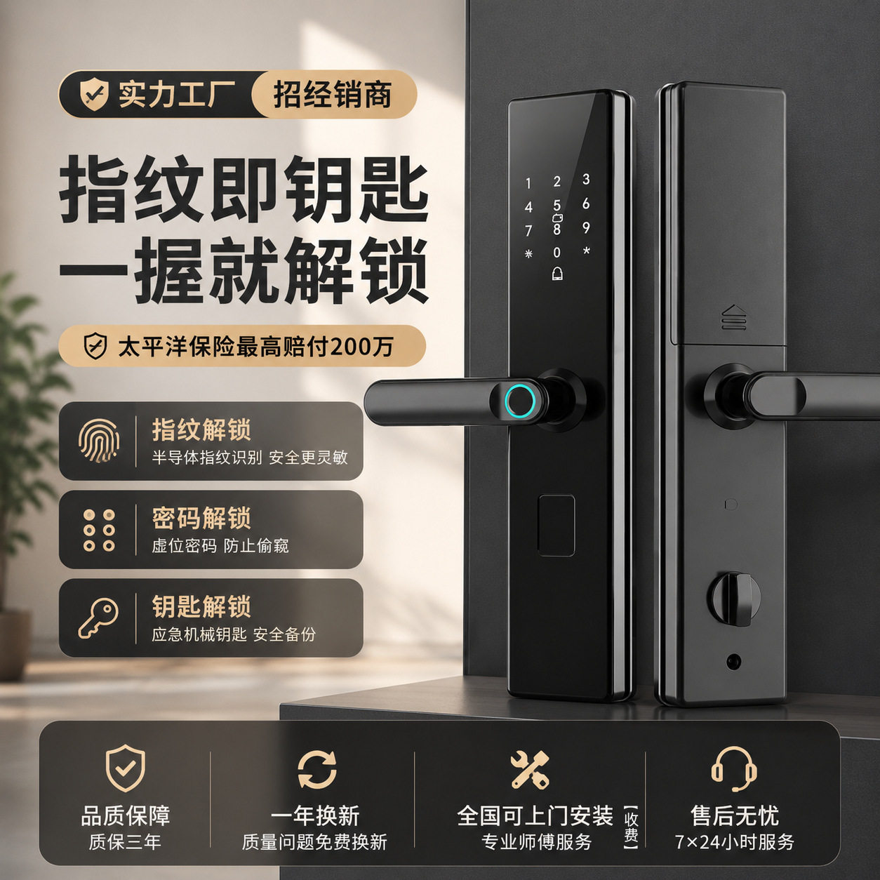 指纹锁一握开家用智能锁防盗门木门智能门锁电子密码锁公寓大门锁