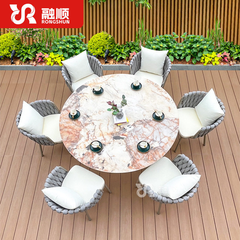 别墅庭院户外桌椅花园客厅休闲圆桌铝合金餐桌椅岩板桌椅套件组合