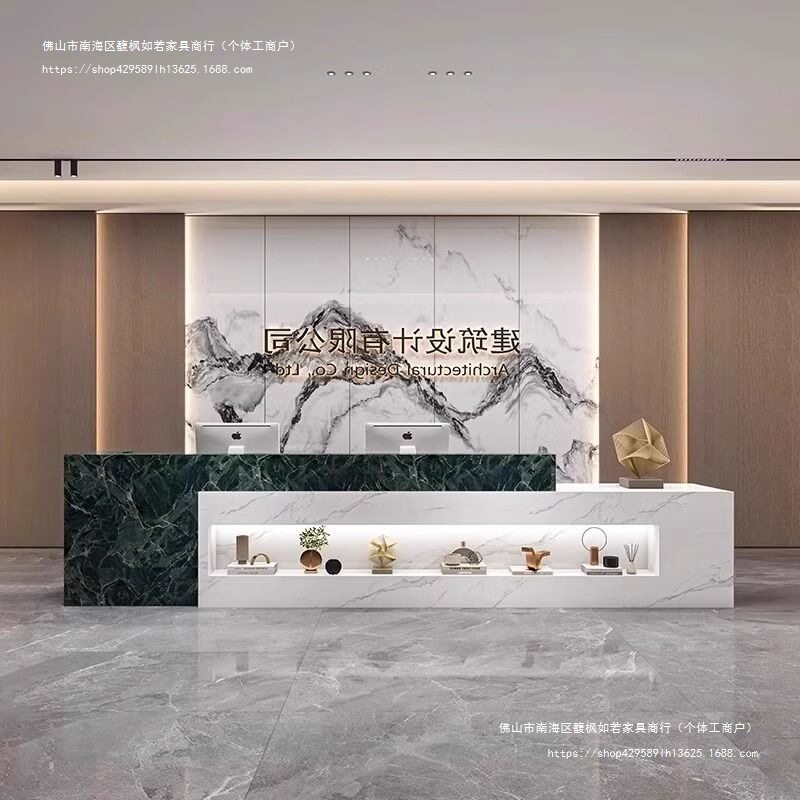 大理石接待台公司前台多功能酒店培训机构岩板吧台一体收银台柜台图片