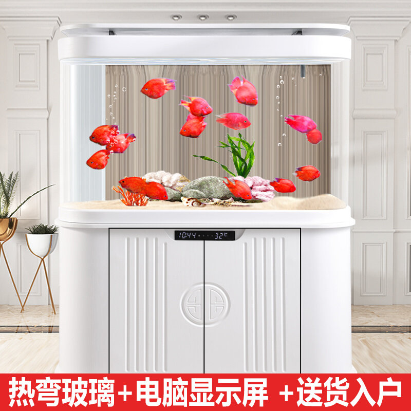 半圆落地弧形底滤鱼缸客厅中大型家用靠墙电视柜旁圆柱形新款