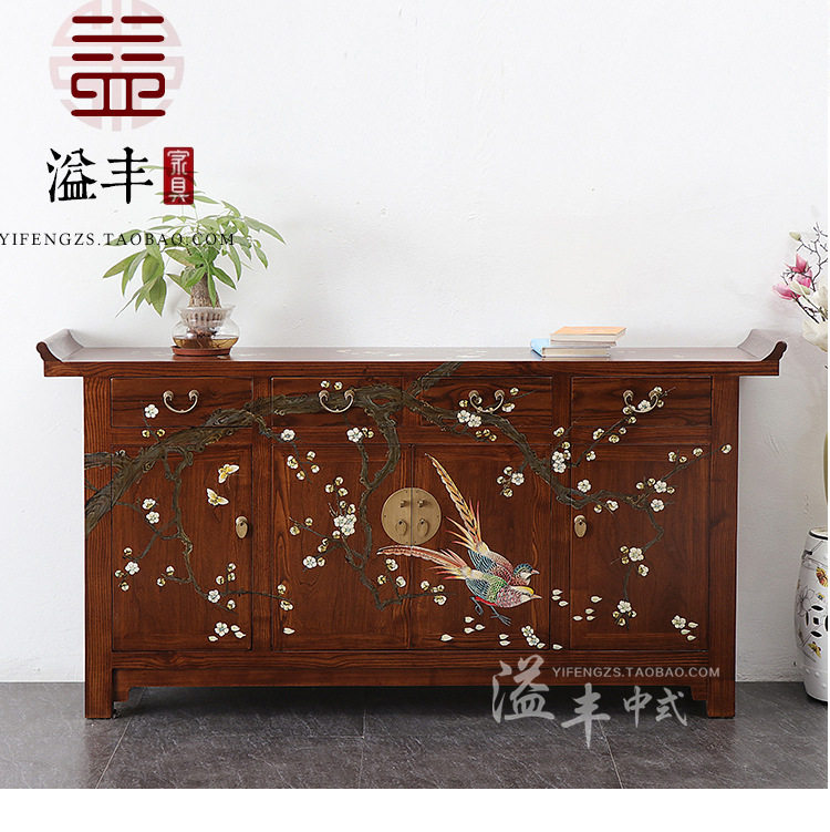 中式手绘榆木餐边柜仿古玄关整装实木翘头储物柜全卯榫家具可定制