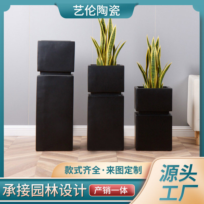新款黑色方正方形落地花瓶时尚花器花插家居摆件大理石纹立柱花盆