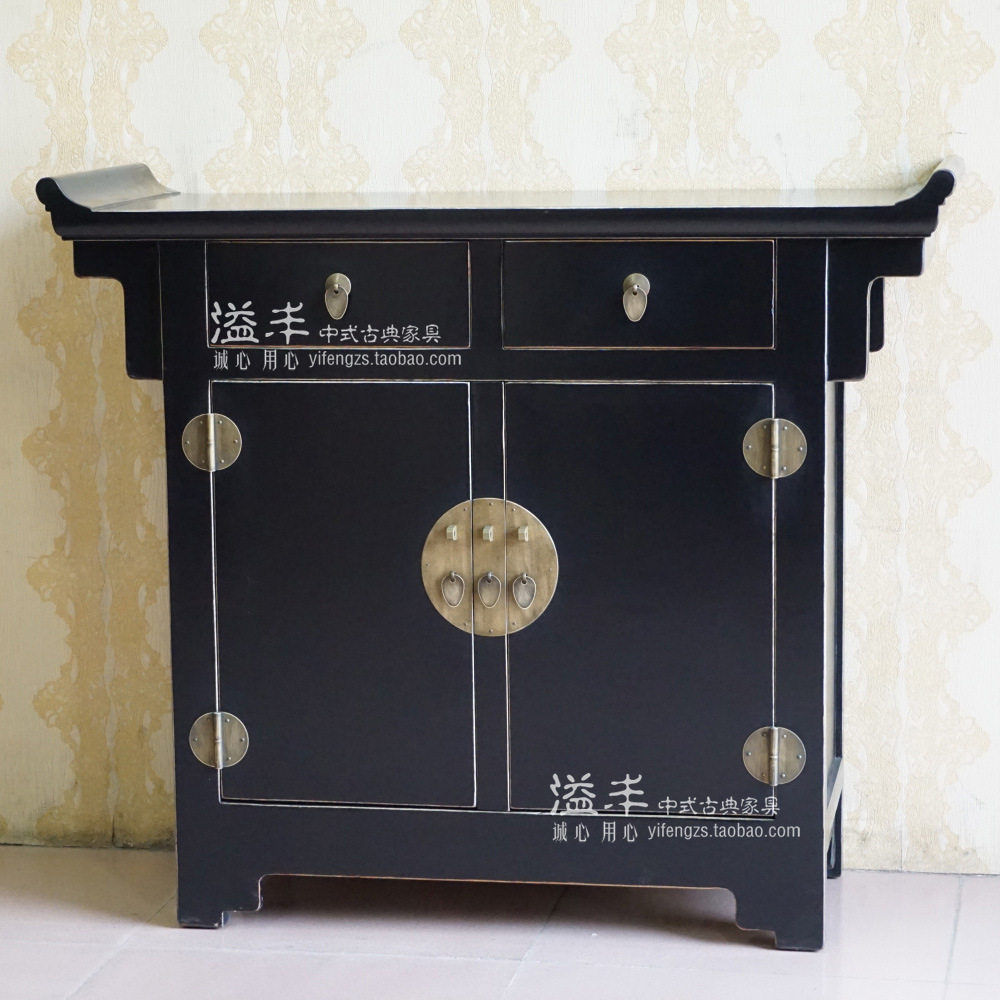 现代新中式仿古典黑色餐边柜备餐台门厅柜玄关柜装饰柜实木储物柜