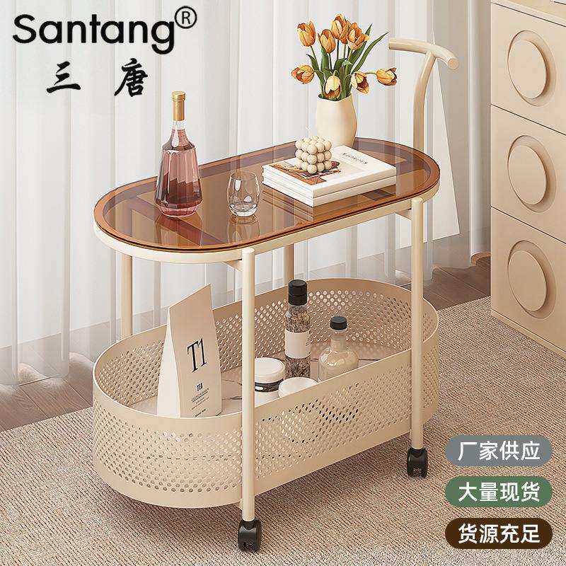 三唐可移动茶几奶油风小户型客厅家用沙发边几桌带轮迷你玻璃圆桌