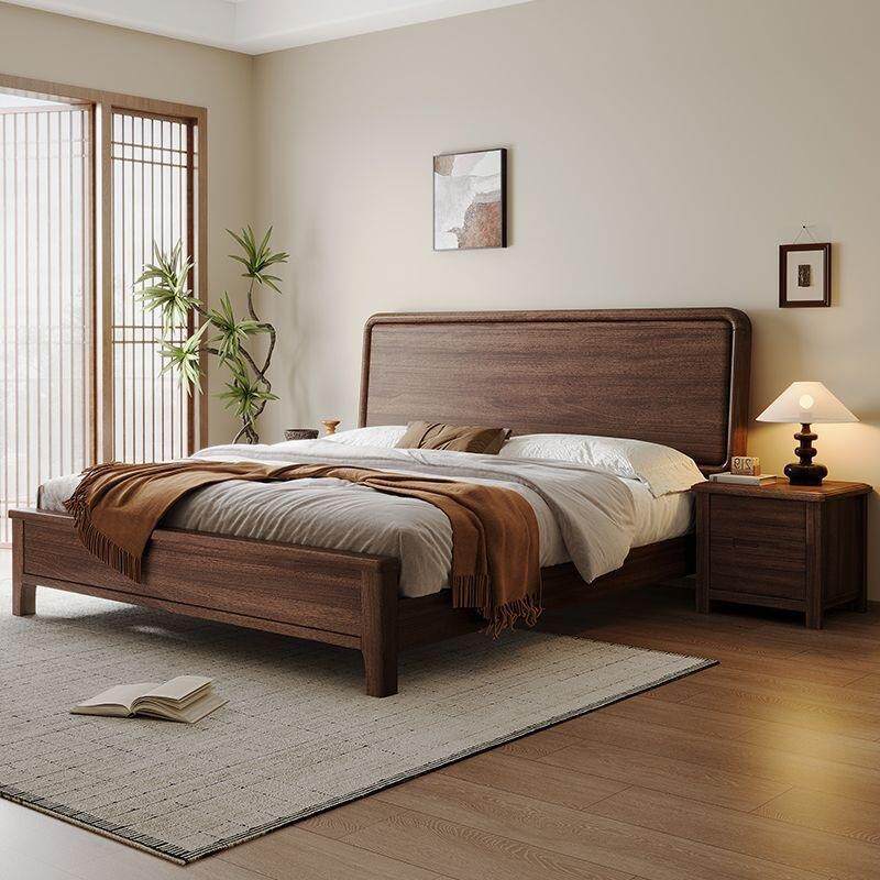 现代简约黑胡桃木实木床1米8双人床气压储物大床中式家用主卧榫卯