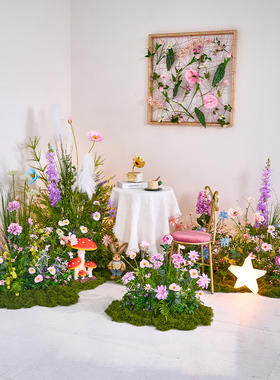 莫奈花园仿真花造景地排路引花装饰粉紫色订婚礼花艺场景布置摆件