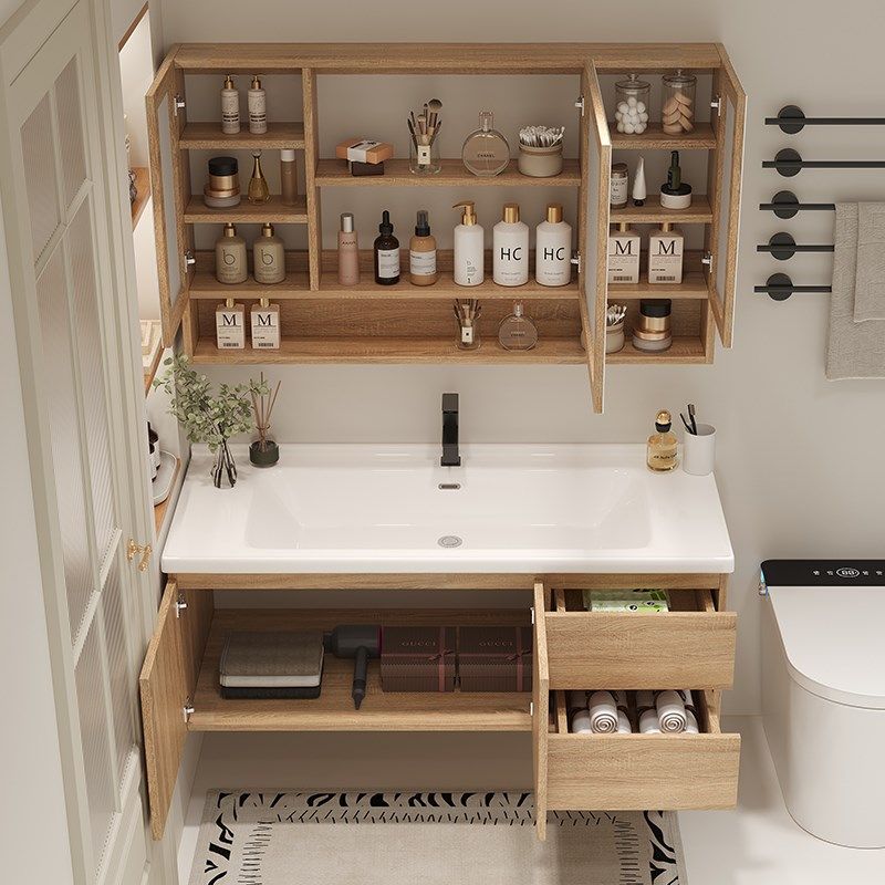 40宽小户型浴室柜组合原木色陶瓷一体洗脸盆柜洗漱台卫生间洗手盆