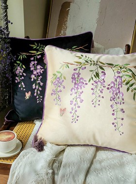 中古抱枕紫色刺绣午睡枕紫藤萝沙发客厅靠垫法式复古长条靠枕含芯