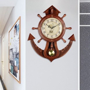 船舵实木挂钟客厅家用舵手钟表地中海简约创意装饰时钟复古摆钟