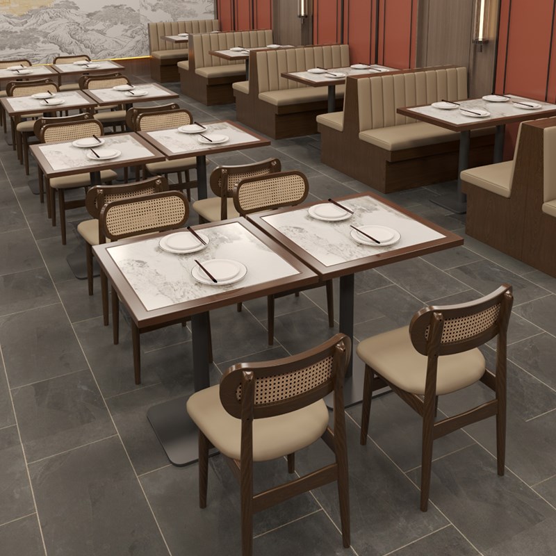 奶茶店桌椅组合咖啡厅甜品店商用卡座茶西餐厅中复古W藤编餐椅实