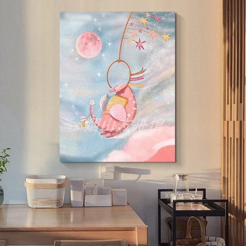 玄关卡通大象手绘油画客厅抽x象艺术动物挂画儿童房梦幻卡通装饰图片