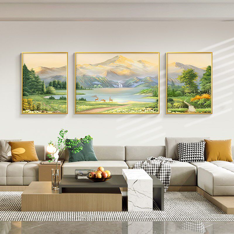 聚宝盆山水画客厅挂画轻奢高级感沙发背景墙挂画西墙聚财三联壁画