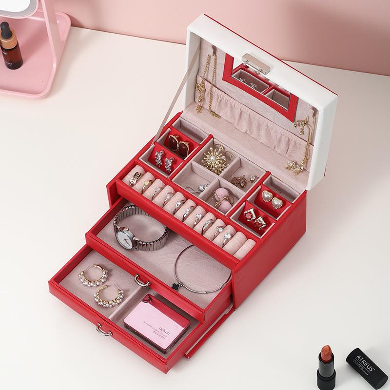 跨境三层pu珠宝盒配饰创意收纳盒耳钉耳环手饰多功能首饰盒收纳