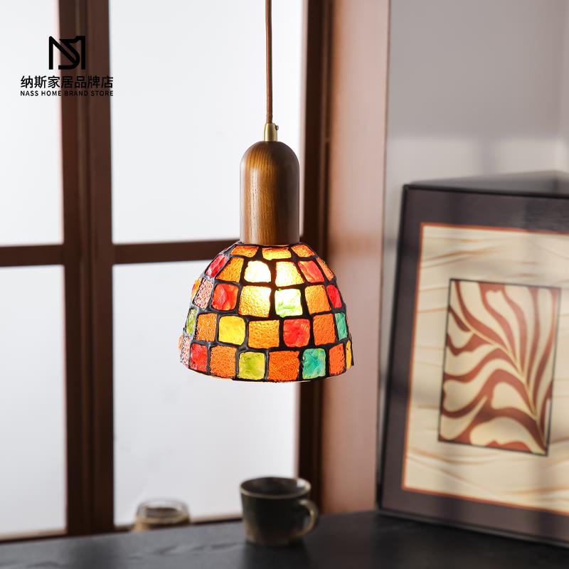 法式中古地中海彩色玻璃小吊灯复古玄关过道餐厅卧室床头氛围灯具