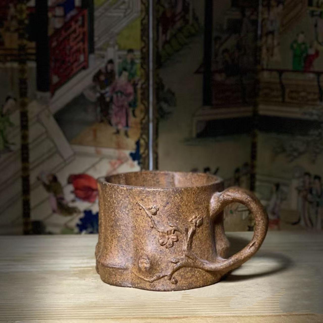 原矿紫砂梅桩杯柴烧带把主人杯70CC