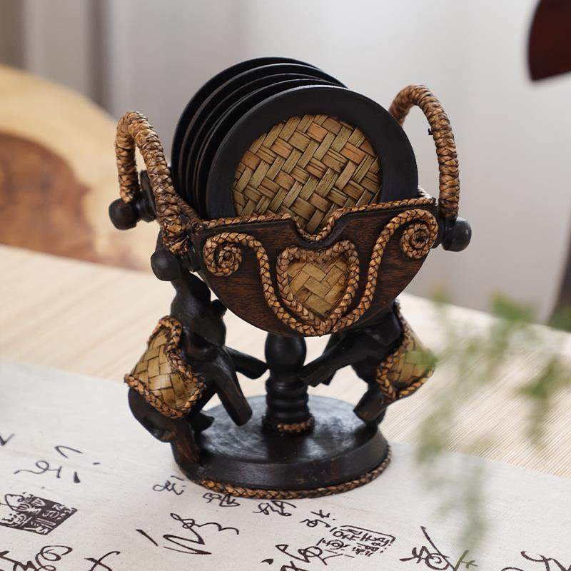 异丽泰国实木复古竹编圆形茶杯垫隔热垫创意酒店酒吧中式咖啡垫子