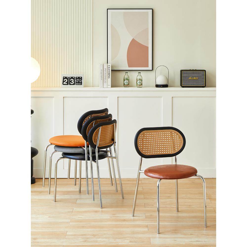 北欧藤编餐椅家用轻奢ins 仿中古实木网红民宿餐厅复古编藤靠背椅