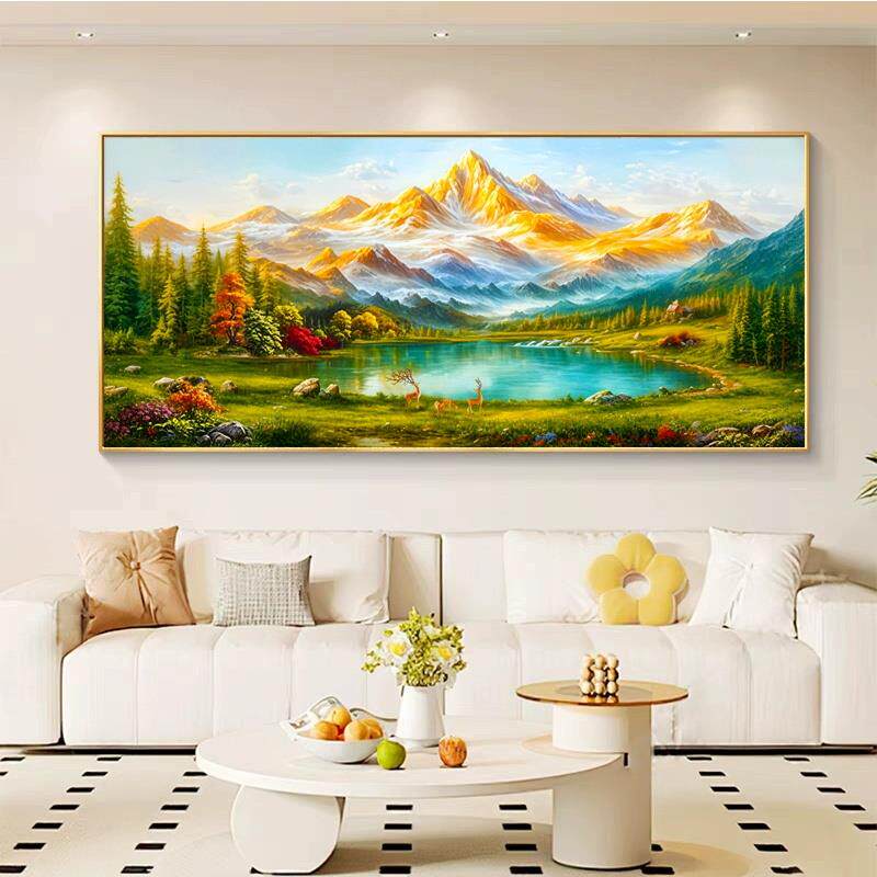 背靠金山聚宝盆十字绣2025新款客厅高级感大幅风景山水画 画手工