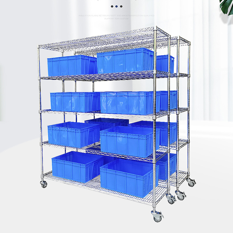 仓库镀铬不锈钢货架带轮线网移动置物架家用仓储移动货架展示架子