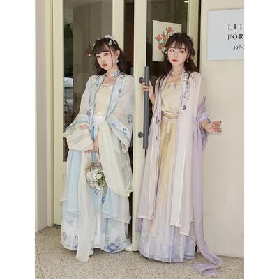 十三余小豆蔻儿[紫藤兔兔]刺绣对襟长衫披帛吊带褶裙宋制汉服女夏