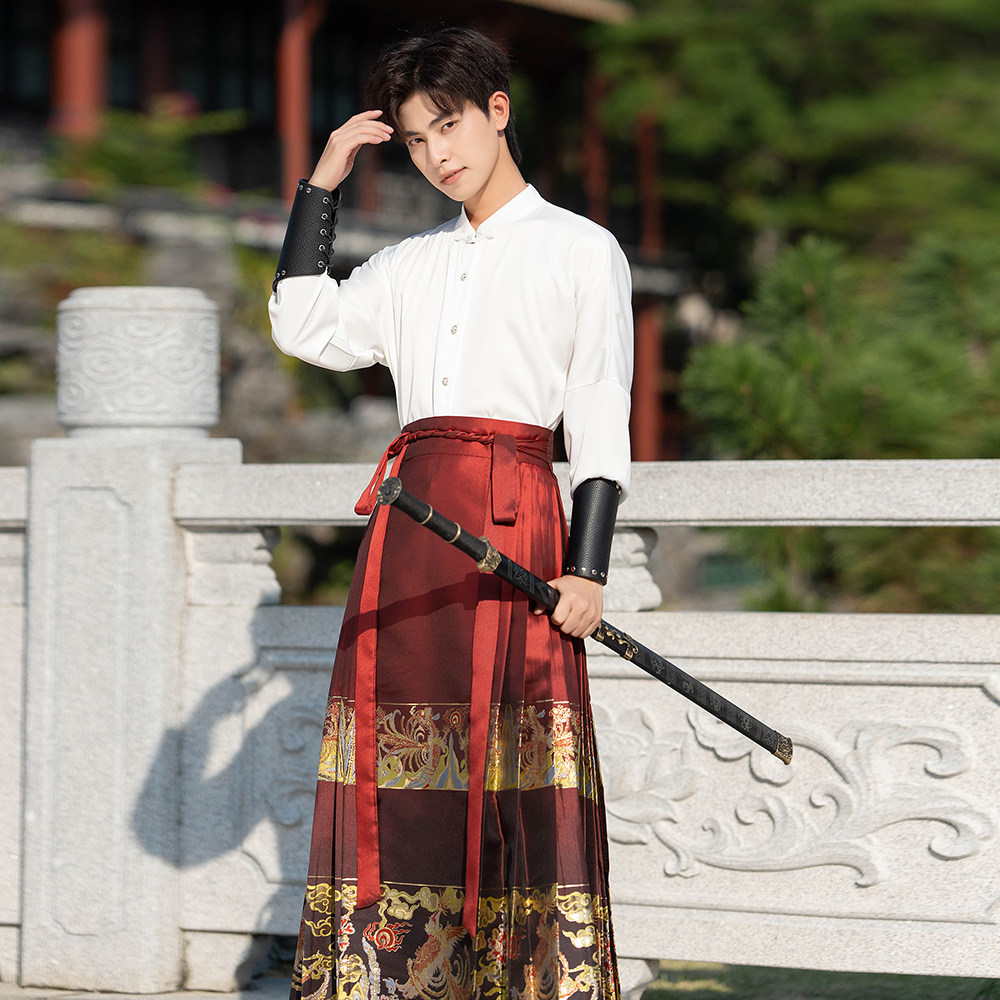 고대 중국 스타일의 망토 숄 HANFU 말 얼굴 스커트가 있는 새로운 중국 스타일 셔츠 말 얼굴 스커트가 있는 남성 정장 봄과 가을