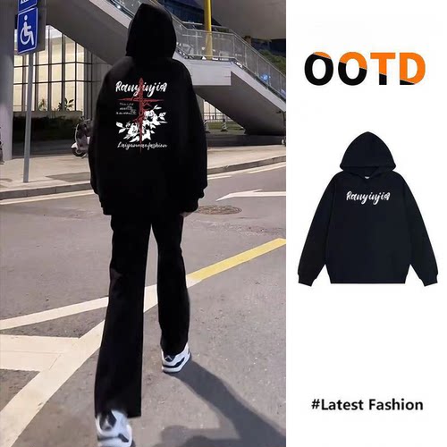 秋冬新款美式oversize高街复古帽衫卫衣男学生百搭休闲印花上衣男