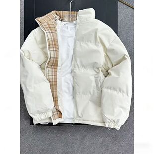 美式潮牌立领棉衣冬季格子拼接加厚保暖棉服青少年外套男女同款