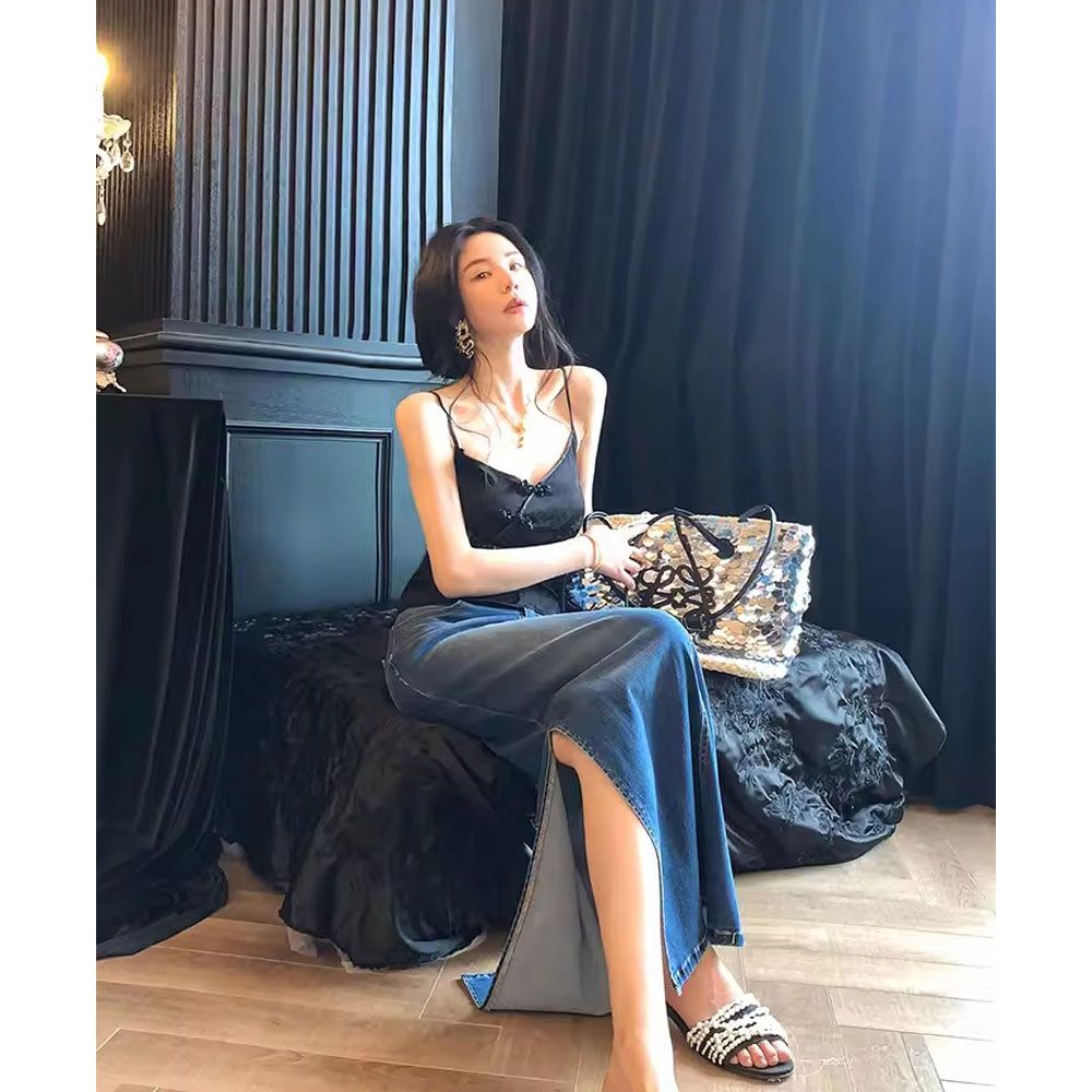 夏季高级黑色显瘦吊带上衣复古牛仔半身裙时尚套装气质两件套女