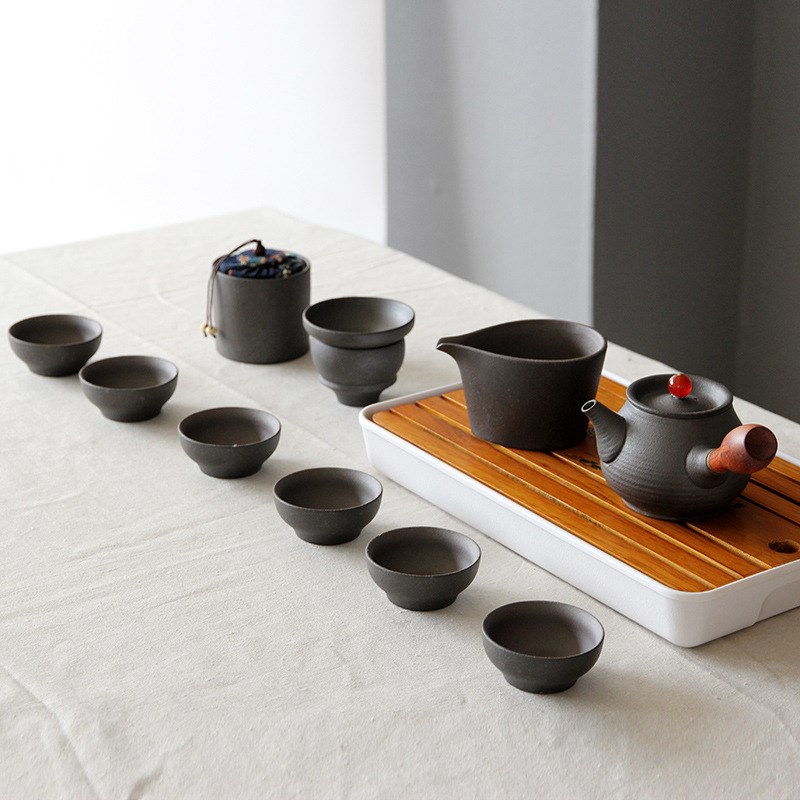 黑陶旅行功夫茶具套装家用陶瓷茶壶茶杯粗陶N户外便携泡茶盘小套