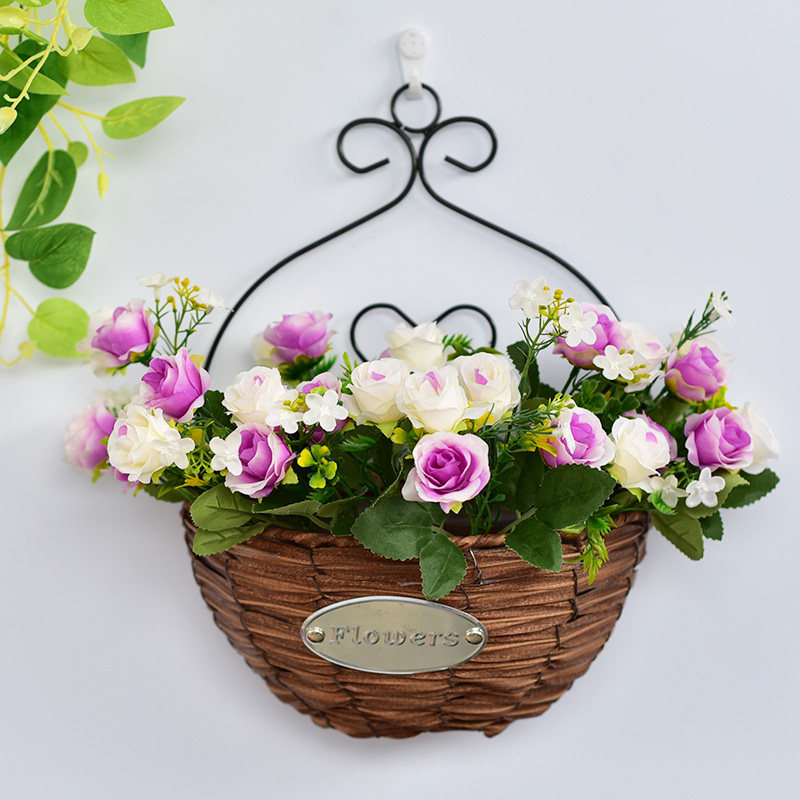 壁挂式藤编花篮挂l墙田园风客厅卧室墙面墙上装饰铁艺绿植花盆挂