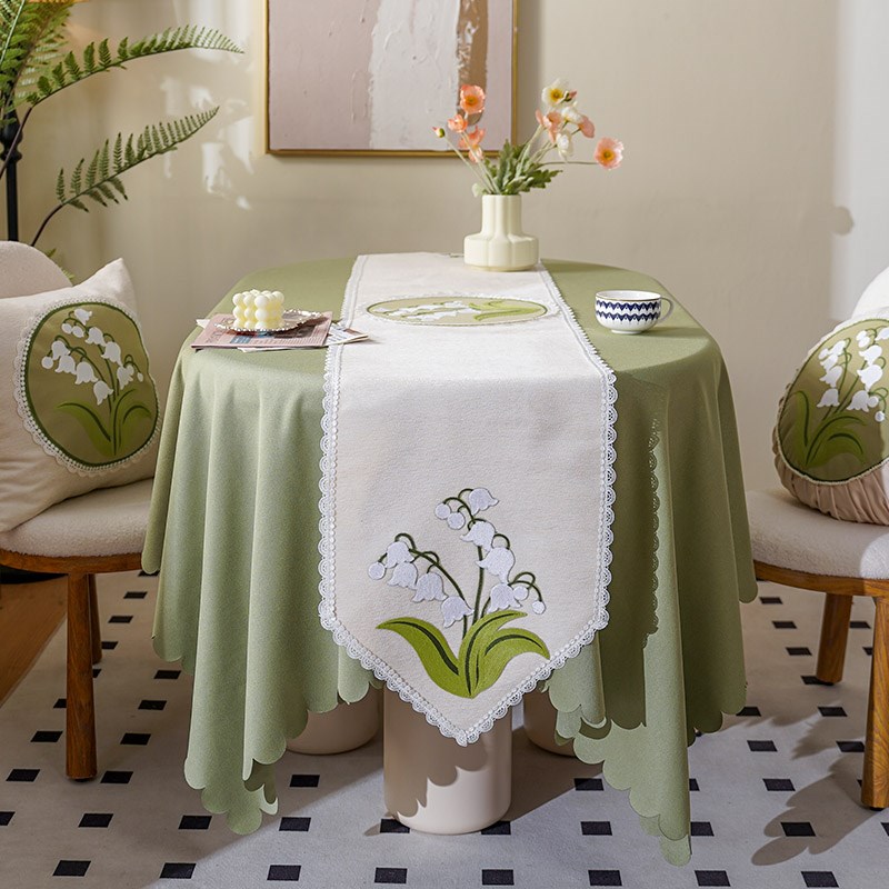 桌旗法式桌布奶油风茶几台布铃兰刺绣五K斗柜电视柜盖布餐桌装饰