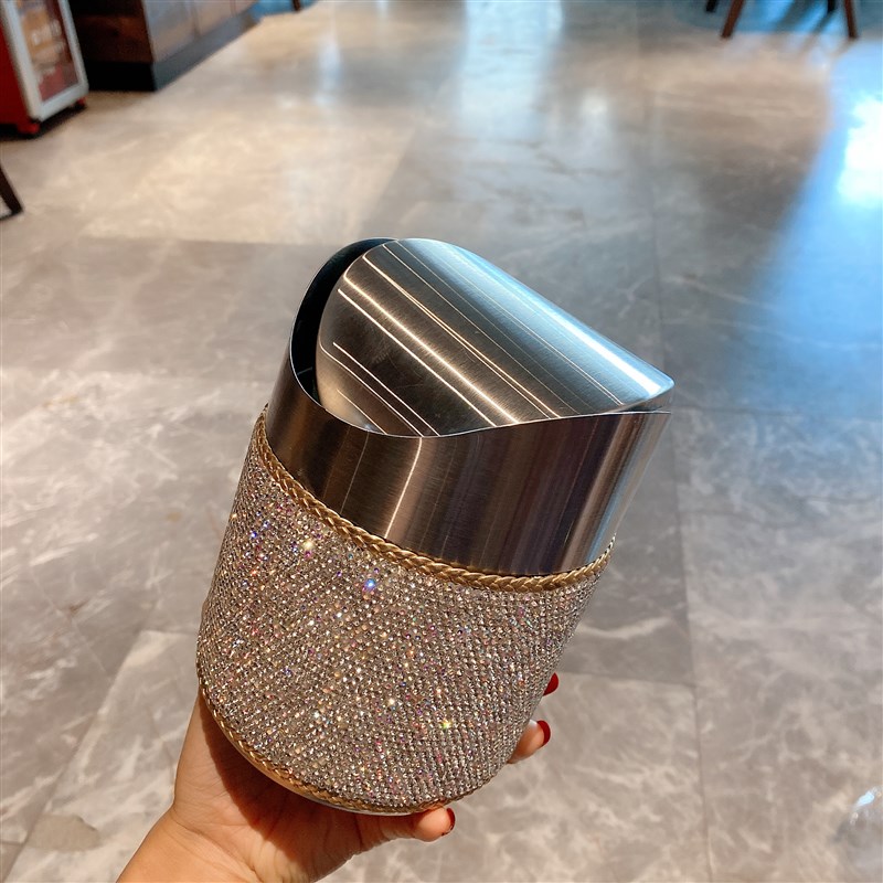 镶钻桌面垃圾桶迷你摇盖车载不锈钢办公室卧室桌上家用Y带盖收纳